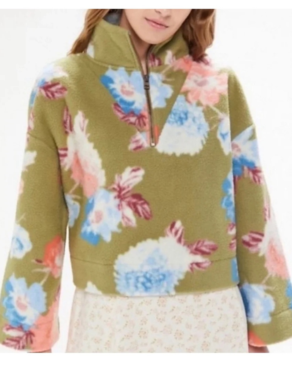 Urban Outfitters Torrance Green Floral Half-Zip Fleece Pullover